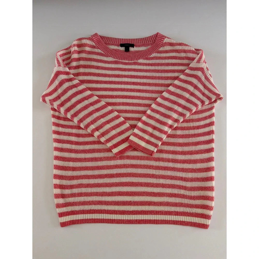 J.Crew Womens Striped Knit Sweater Coral White Crewneck Long Sleeve Size S
